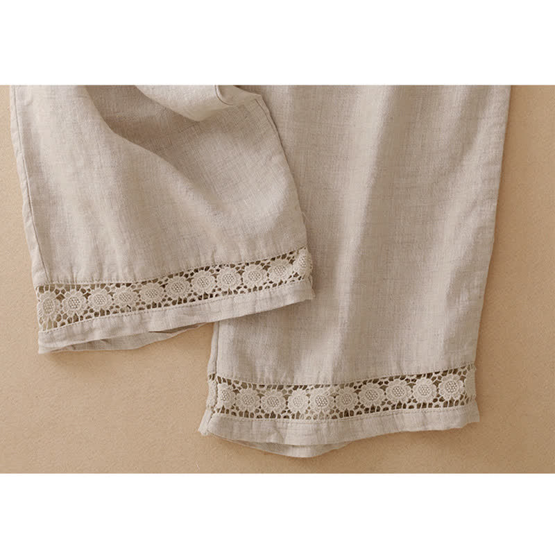 Buddha Stones Lässige, minimalistische Sommerhose mit Kordelzug, einfarbigem Blumenmuster am Saum, geradem Bein und Tasche - image 20