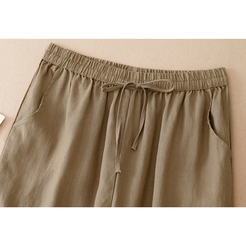 Buddha Stones Lässige, minimalistische Sommerhose mit Kordelzug, einfarbigem Blumenmuster am Saum, geradem Bein und Tasche - image 11