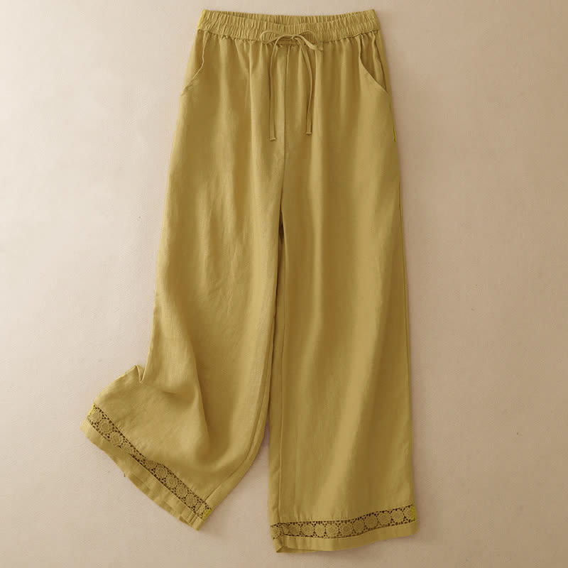 Buddha Stones Lässige, minimalistische Sommerhose mit Kordelzug, einfarbigem Blumenmuster am Saum, geradem Bein und Tasche - Khaki - US8-10, UK/AU12-14, EU40-42 (2XL) - image 0