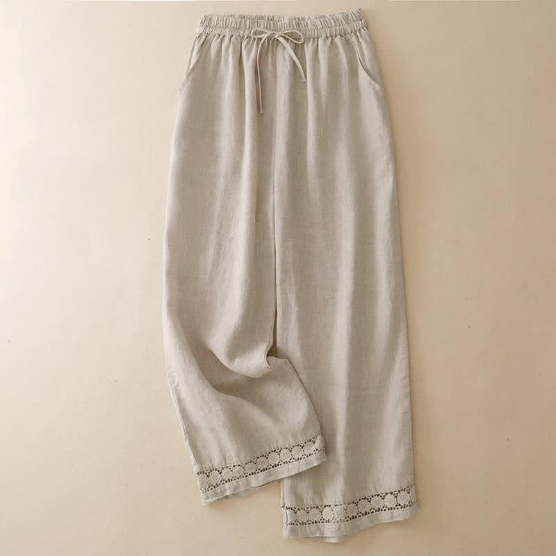 Buddha Stones Lässige, minimalistische Sommerhose mit Kordelzug, einfarbigem Blumenmuster am Saum, geradem Bein und Tasche - Beige - US8-10, UK/AU12-14, EU40-42 (2XL) - image 15
