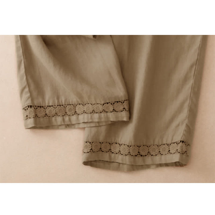 Buddha Stones Lässige, minimalistische Sommerhose mit Kordelzug, einfarbigem Blumenmuster am Saum, geradem Bein und Tasche - image 13