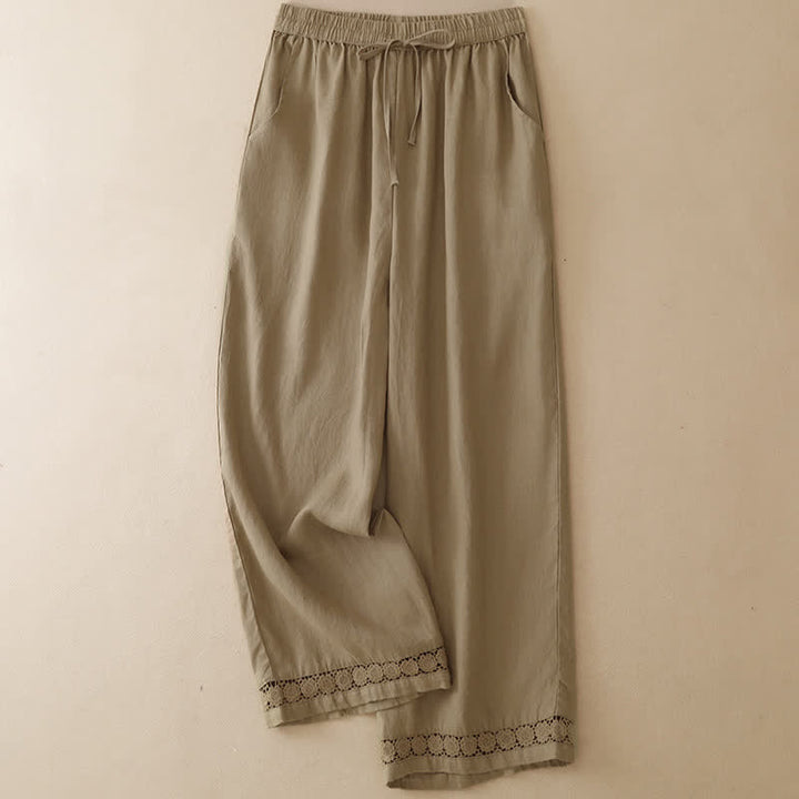 Buddha Stones Lässige, minimalistische Sommerhose mit Kordelzug, einfarbigem Blumenmuster am Saum, geradem Bein und Tasche - Bräunen - US8-10, UK/AU12-14, EU40-42 (2XL) - image 10