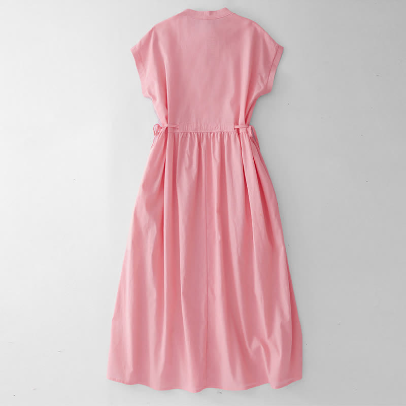Buddha Stones Lässiges, minimalistisches, ärmelloses Sommerkleid für Damen mit Knopfleiste, Schnürung und Tasche - image 8