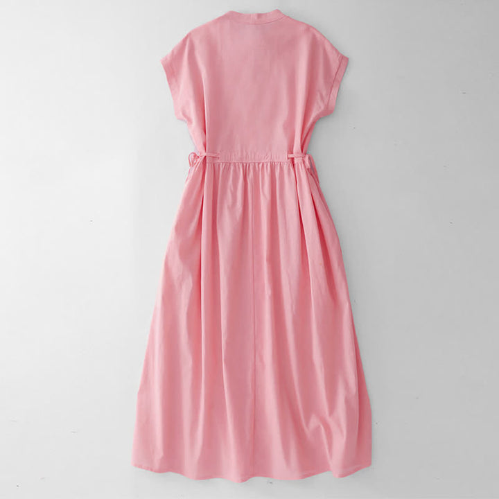 Buddha Stones Lässiges, minimalistisches, ärmelloses Sommerkleid für Damen mit Knopfleiste, Schnürung und Tasche - image 8