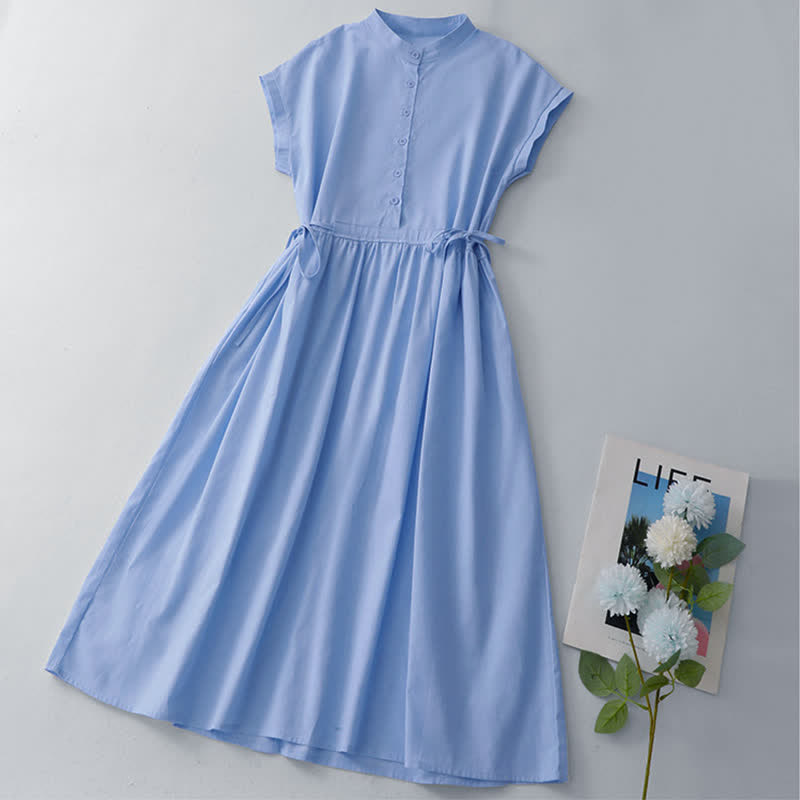 Buddha Stones Lässiges, minimalistisches, ärmelloses Sommerkleid für Damen mit Knopfleiste, Schnürung und Tasche - image 19