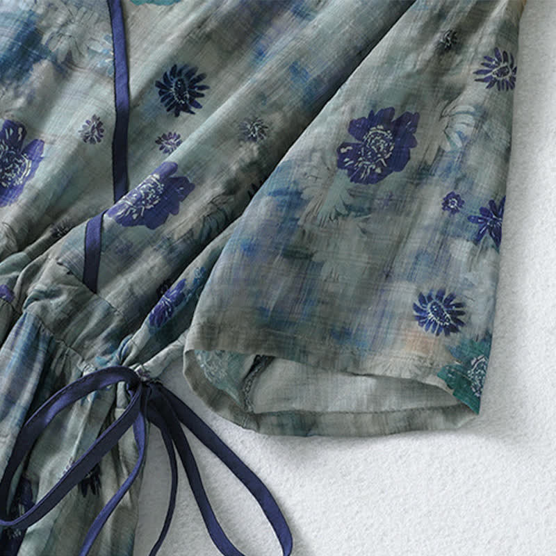 Buddha Stones Sommerliches Vintage-Kleid mit Blumenmuster, Kordelzug, V-Ausschnitt, kurzen Ärmeln und Tasche für Damen, Damen, Kurzarm, mit Tasche - image 6