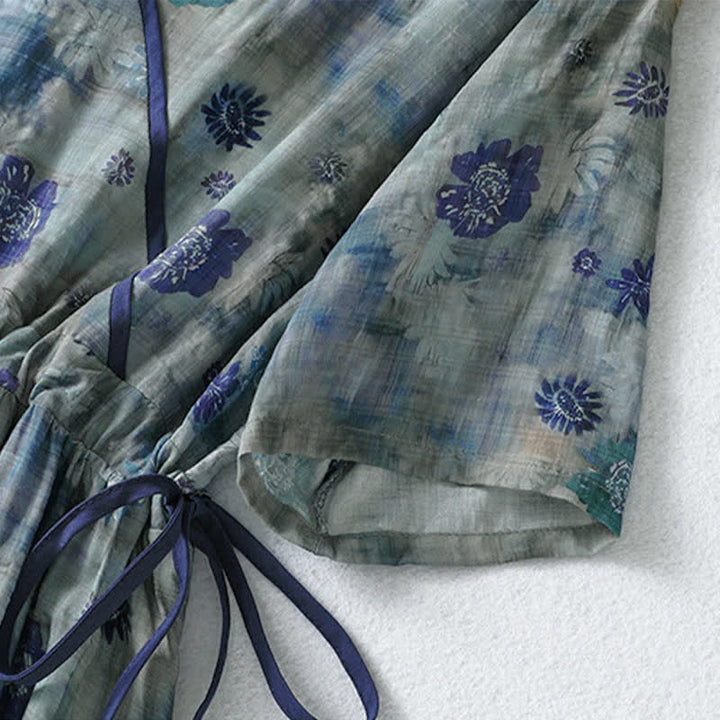 Buddha Stones Sommerliches Vintage-Kleid mit Blumenmuster, Kordelzug, V-Ausschnitt, kurzen Ärmeln und Tasche für Damen, Damen, Kurzarm, mit Tasche - image 6