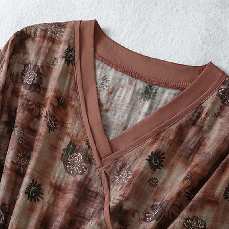 Buddha Stones Sommerliches Vintage-Kleid mit Blumenmuster, Kordelzug, V-Ausschnitt, kurzen Ärmeln und Tasche für Damen, Damen, Kurzarm, mit Tasche - image 10