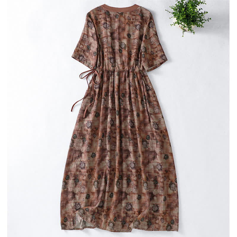 Buddha Stones Sommerliches Vintage-Kleid mit Blumenmuster, Kordelzug, V-Ausschnitt, kurzen Ärmeln und Tasche für Damen, Damen, Kurzarm, mit Tasche - image 9