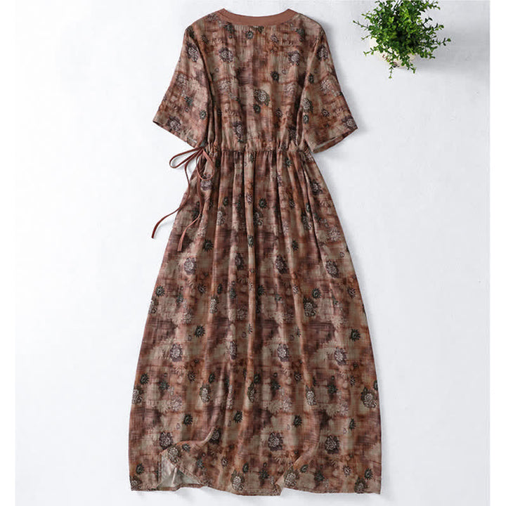 Buddha Stones Sommerliches Vintage-Kleid mit Blumenmuster, Kordelzug, V-Ausschnitt, kurzen Ärmeln und Tasche für Damen, Damen, Kurzarm, mit Tasche - image 9