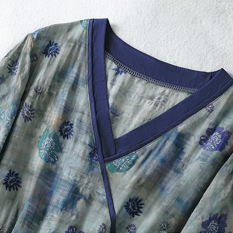 Buddha Stones Sommerliches Vintage-Kleid mit Blumenmuster, Kordelzug, V-Ausschnitt, kurzen Ärmeln und Tasche für Damen, Damen, Kurzarm, mit Tasche - image 2