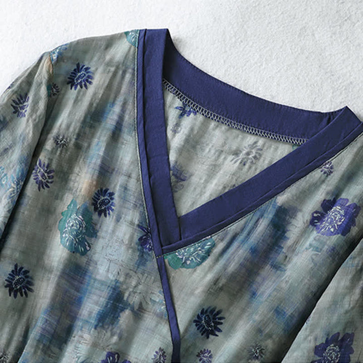 Buddha Stones Sommerliches Vintage-Kleid mit Blumenmuster, Kordelzug, V-Ausschnitt, kurzen Ärmeln und Tasche für Damen, Damen, Kurzarm, mit Tasche - image 2