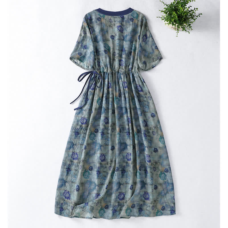 Buddha Stones Sommerliches Vintage-Kleid mit Blumenmuster, Kordelzug, V-Ausschnitt, kurzen Ärmeln und Tasche für Damen, Damen, Kurzarm, mit Tasche - image 1
