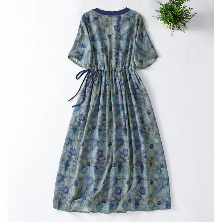 Buddha Stones Sommerliches Vintage-Kleid mit Blumenmuster, Kordelzug, V-Ausschnitt, kurzen Ärmeln und Tasche für Damen, Damen, Kurzarm, mit Tasche - image 1