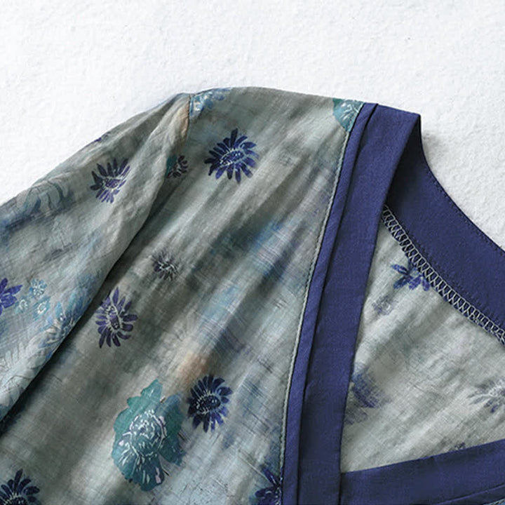 Buddha Stones Sommerliches Vintage-Kleid mit Blumenmuster, Kordelzug, V-Ausschnitt, kurzen Ärmeln und Tasche für Damen, Damen, Kurzarm, mit Tasche - image 4