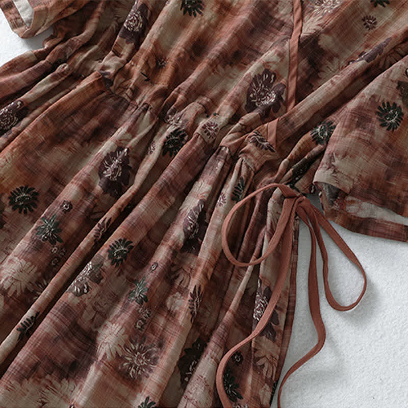 Buddha Stones Sommerliches Vintage-Kleid mit Blumenmuster, Kordelzug, V-Ausschnitt, kurzen Ärmeln und Tasche für Damen, Damen, Kurzarm, mit Tasche - image 13