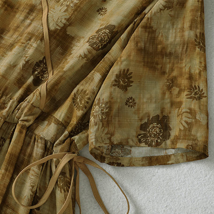 Buddha Stones Sommerliches Vintage-Kleid mit Blumenmuster, Kordelzug, V-Ausschnitt, kurzen Ärmeln und Tasche für Damen, Damen, Kurzarm, mit Tasche - image 22