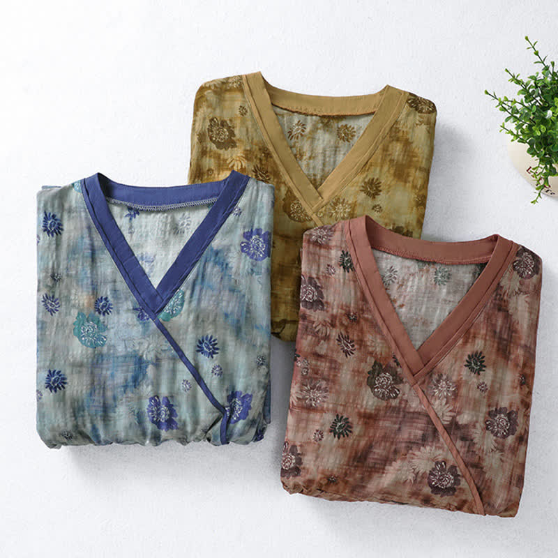 Buddha Stones Sommerliches Vintage-Kleid mit Blumenmuster, Kordelzug, V-Ausschnitt, kurzen Ärmeln und Tasche für Damen, Damen, Kurzarm, mit Tasche - image 28
