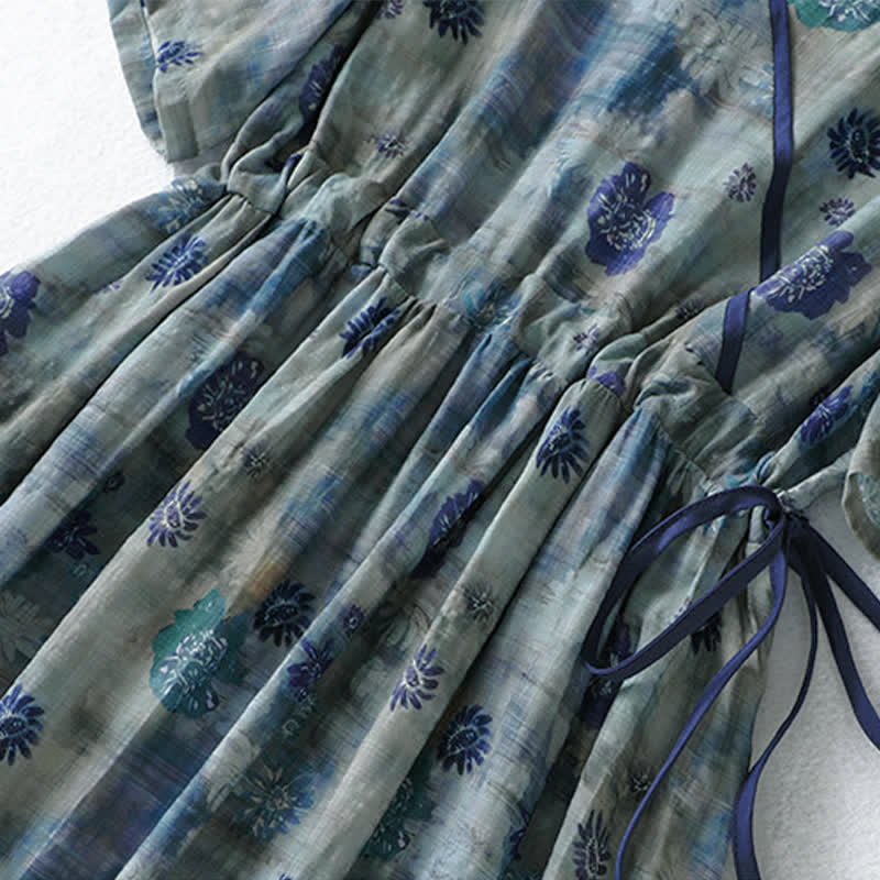 Buddha Stones Sommerliches Vintage-Kleid mit Blumenmuster, Kordelzug, V-Ausschnitt, kurzen Ärmeln und Tasche für Damen, Damen, Kurzarm, mit Tasche - image 5