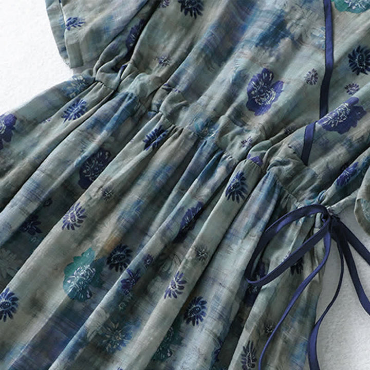 Buddha Stones Sommerliches Vintage-Kleid mit Blumenmuster, Kordelzug, V-Ausschnitt, kurzen Ärmeln und Tasche für Damen, Damen, Kurzarm, mit Tasche - image 5