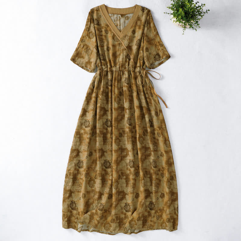 Buddha Stones Sommerliches Vintage-Kleid mit Blumenmuster, Kordelzug, V-Ausschnitt, kurzen Ärmeln und Tasche für Damen, Damen, Kurzarm, mit Tasche - Dunkelgoldenrod - US12, UK/AU16, EU44 (2XL) - image 17