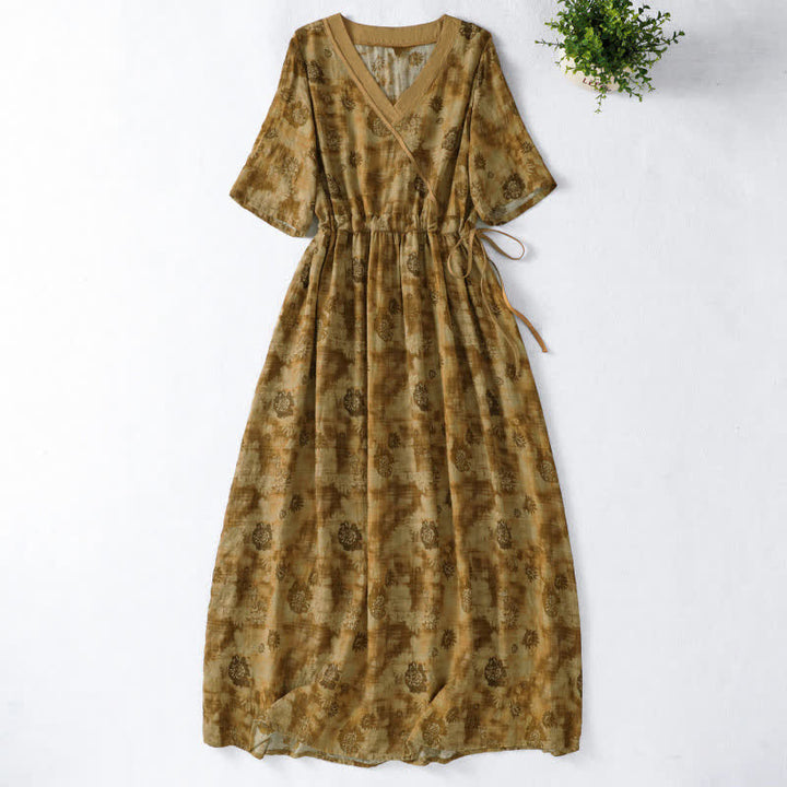 Buddha Stones Sommerliches Vintage-Kleid mit Blumenmuster, Kordelzug, V-Ausschnitt, kurzen Ärmeln und Tasche für Damen, Damen, Kurzarm, mit Tasche - Dunkelgoldenrod - US12, UK/AU16, EU44 (2XL) - image 17