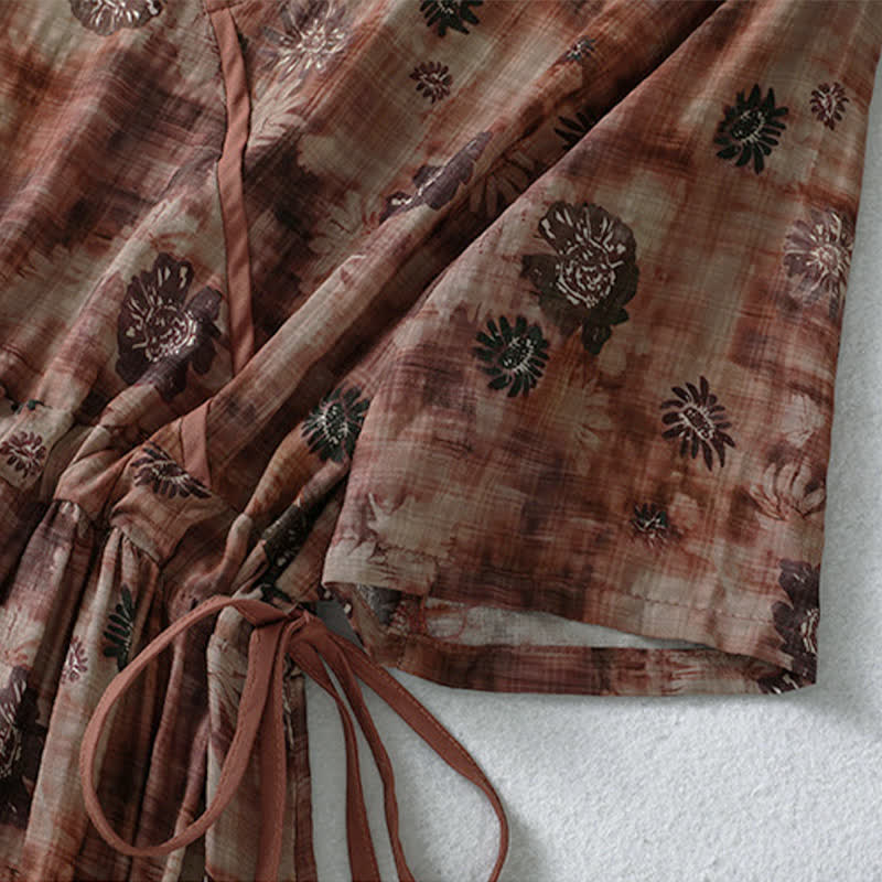 Buddha Stones Sommerliches Vintage-Kleid mit Blumenmuster, Kordelzug, V-Ausschnitt, kurzen Ärmeln und Tasche für Damen, Damen, Kurzarm, mit Tasche - image 14