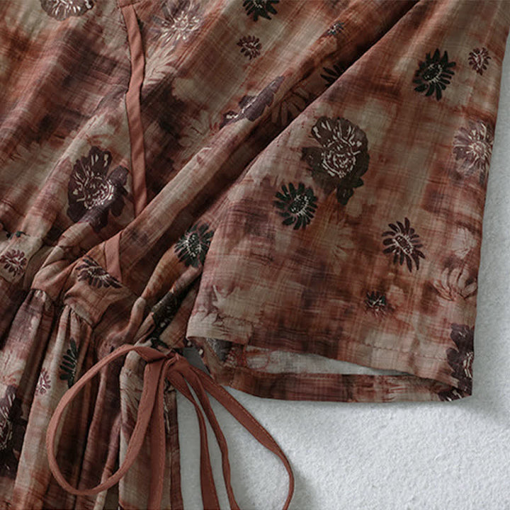 Buddha Stones Sommerliches Vintage-Kleid mit Blumenmuster, Kordelzug, V-Ausschnitt, kurzen Ärmeln und Tasche für Damen, Damen, Kurzarm, mit Tasche - image 14