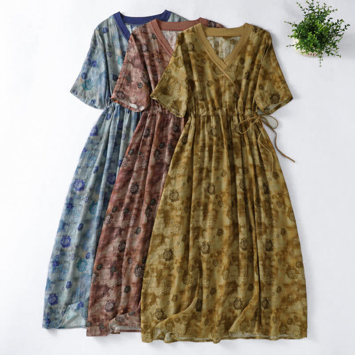 Buddha Stones Sommerliches Vintage-Kleid mit Blumenmuster, Kordelzug, V-Ausschnitt, kurzen Ärmeln und Tasche für Damen, Damen, Kurzarm, mit Tasche - image 27