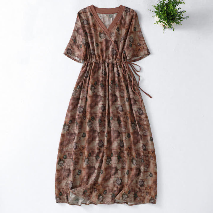 Buddha Stones Sommerliches Vintage-Kleid mit Blumenmuster, Kordelzug, V-Ausschnitt, kurzen Ärmeln und Tasche für Damen, Damen, Kurzarm, mit Tasche - Sienna - US12, UK/AU16, EU44 (2XL) - image 8