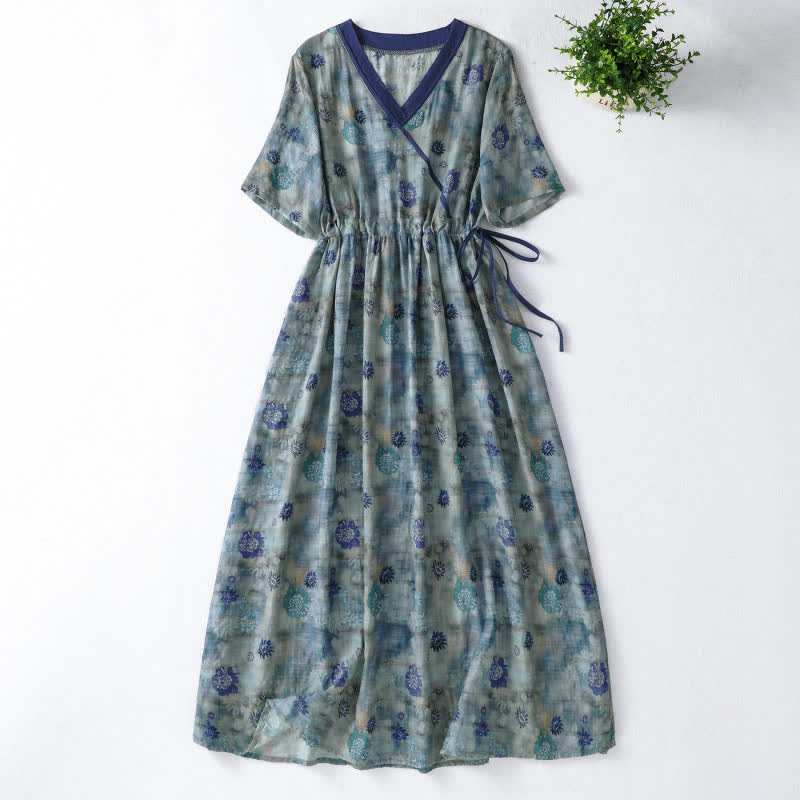 Buddha Stones Sommerliches Vintage-Kleid mit Blumenmuster, Kordelzug, V-Ausschnitt, kurzen Ärmeln und Tasche für Damen, Damen, Kurzarm, mit Tasche - Hellstahlblau - US12, UK/AU16, EU44 (2XL) - image 0