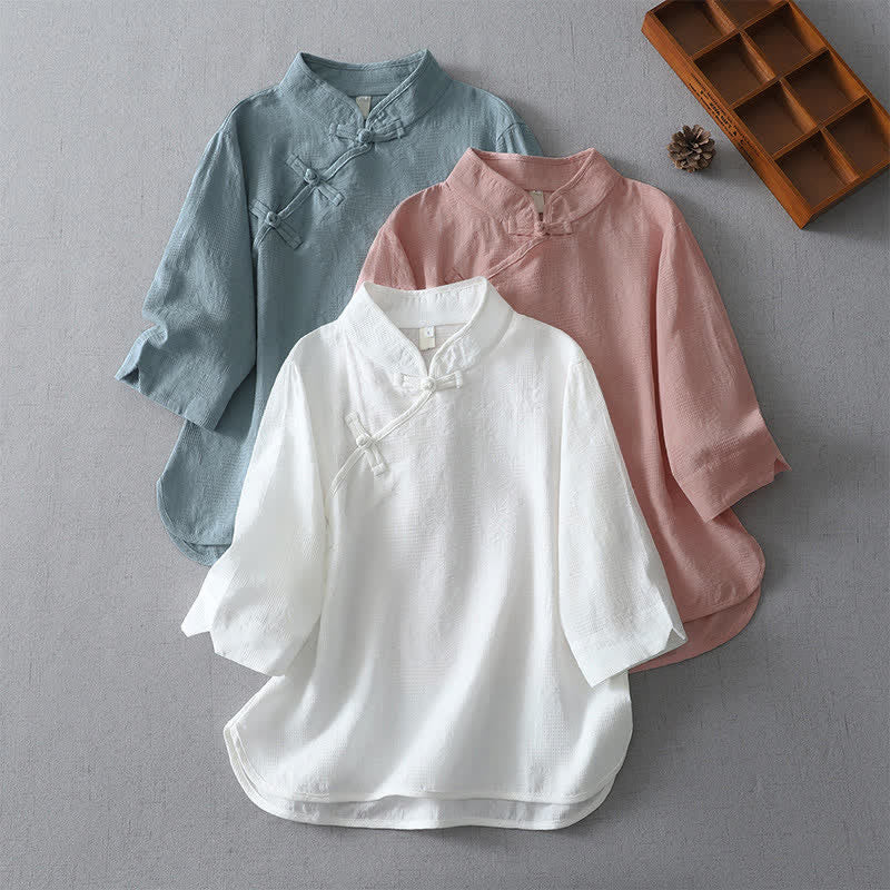 Buddha Stones Sommerliche Tang Style Casual Damenbluse mit Stehkragen und Ellbogenlänge - image 14