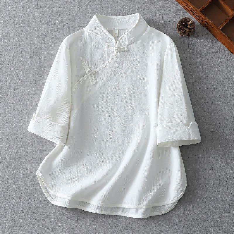 Buddha Stones Sommerliche Tang Style Casual Damenbluse mit Stehkragen und Ellbogenlänge - Weiß - US12, UK/AU16, EU44 (3XL) - image 7