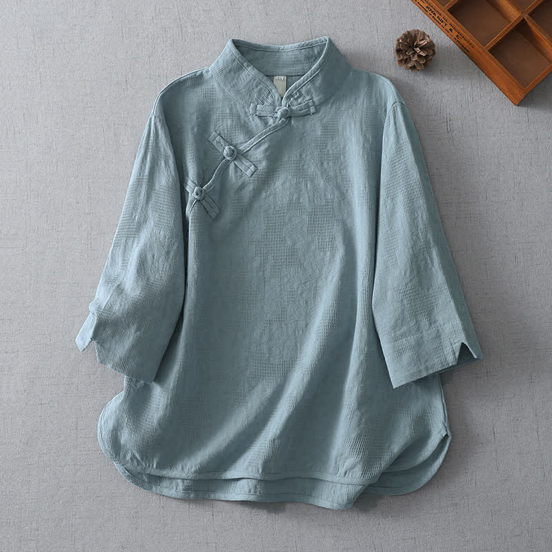 Buddha Stones Sommerliche Tang Style Casual Damenbluse mit Stehkragen und Ellbogenlänge - Hellstahlblau - US12, UK/AU16, EU44 (3XL) - image 0