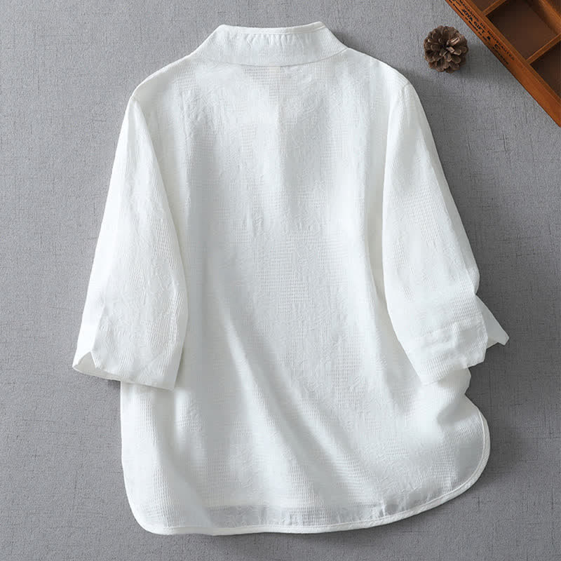 Buddha Stones Sommerliche Tang Style Casual Damenbluse mit Stehkragen und Ellbogenlänge - image 8