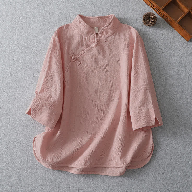 Buddha Stones Sommerliche Tang Style Casual Damenbluse mit Stehkragen und Ellbogenlänge - Hellrosa - US12, UK/AU16, EU44 (3XL) - image 4