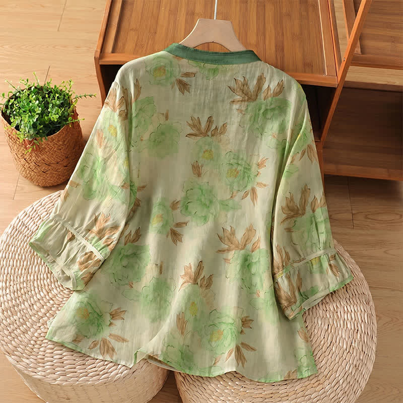 Buddha Stones Sommerliche Vintage-Tang-Style-Damenbluse mit Stehkragen, Blumenmuster und kurzen Ärmeln und Blättermuster - image 8