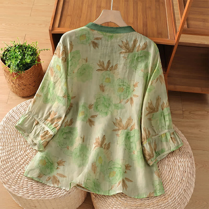 Buddha Stones Sommerliche Vintage-Tang-Style-Damenbluse mit Stehkragen, Blumenmuster und kurzen Ärmeln und Blättermuster - image 8