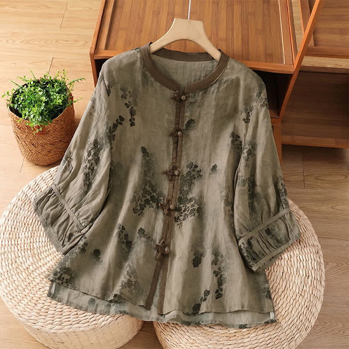 Buddha Stones Sommerliche Vintage-Tang-Style-Damenbluse mit Stehkragen, Blumenmuster und kurzen Ärmeln und Blättermuster - Bräunen - US8-10, UK/AU12-14, EU40-42 (2XL) - image 0
