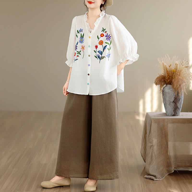 Buddha Stones Sommerliches, lässiges Vintage-Shirt mit bunter Blumenstickerei, Rüschen am V-Ausschnitt und Dreiviertelärmeln für Damen - image 15