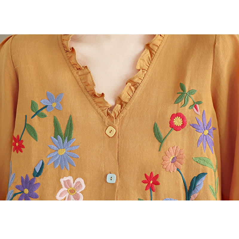 Buddha Stones Sommerliches, lässiges Vintage-Shirt mit bunter Blumenstickerei, Rüschen am V-Ausschnitt und Dreiviertelärmeln für Damen - image 6