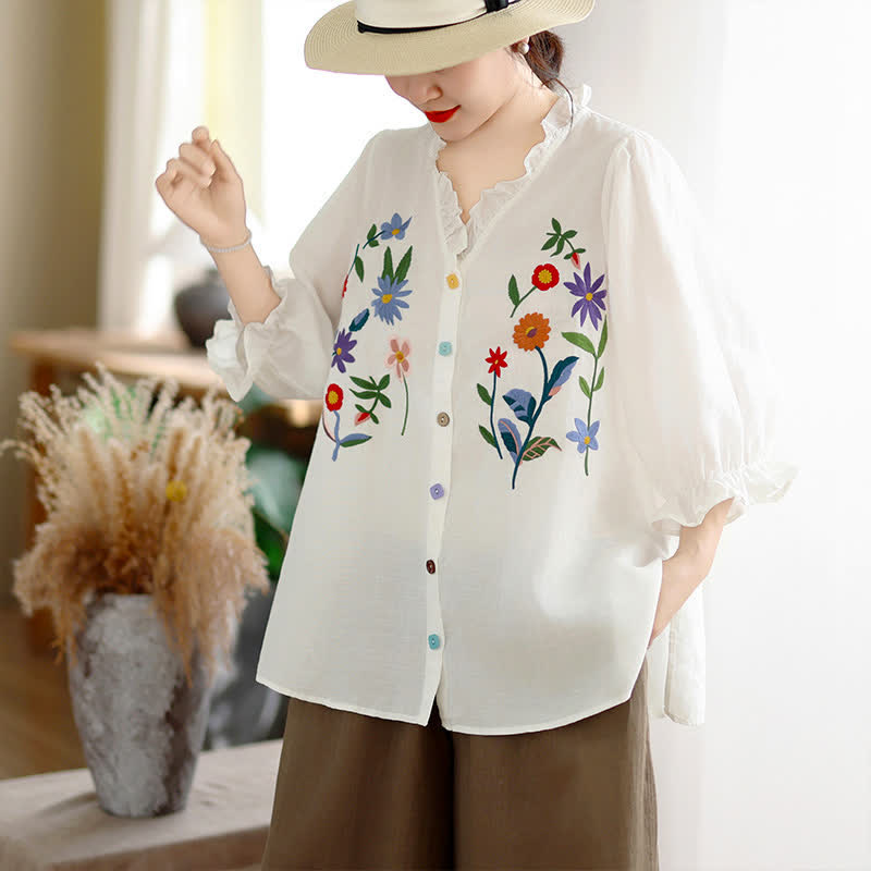 Buddha Stones Sommerliches, lässiges Vintage-Shirt mit bunter Blumenstickerei, Rüschen am V-Ausschnitt und Dreiviertelärmeln für Damen - image 14