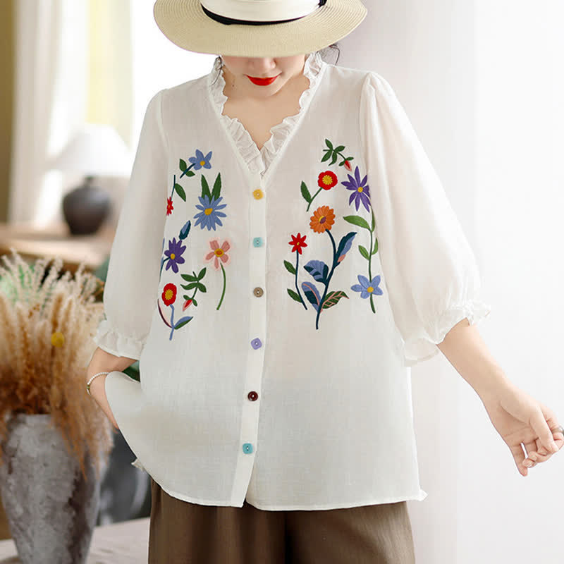 Buddha Stones Sommerliches, lässiges Vintage-Shirt mit bunter Blumenstickerei, Rüschen am V-Ausschnitt und Dreiviertelärmeln für Damen - image 12