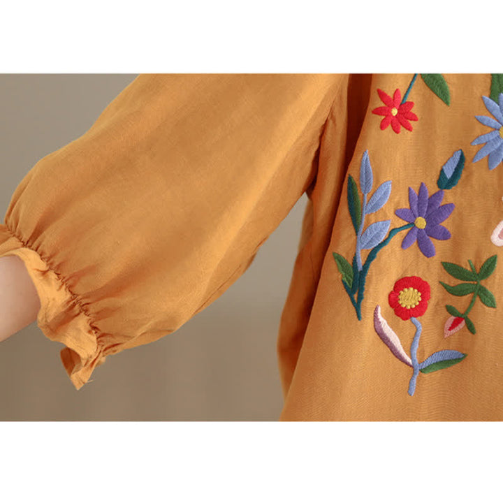 Buddha Stones Sommerliches, lässiges Vintage-Shirt mit bunter Blumenstickerei, Rüschen am V-Ausschnitt und Dreiviertelärmeln für Damen - image 8