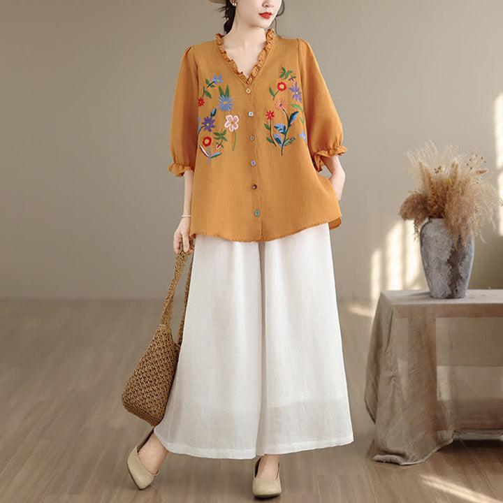 Buddha Stones Sommerliches, lässiges Vintage-Shirt mit bunter Blumenstickerei, Rüschen am V-Ausschnitt und Dreiviertelärmeln für Damen - image 5