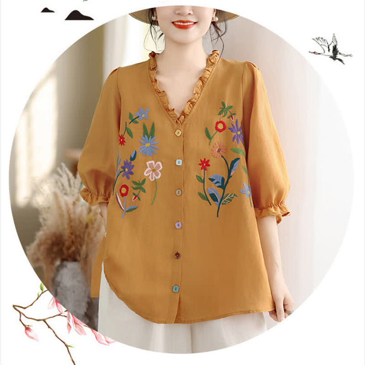 Buddha Stones Sommerliches, lässiges Vintage-Shirt mit bunter Blumenstickerei, Rüschen am V-Ausschnitt und Dreiviertelärmeln für Damen - image 4