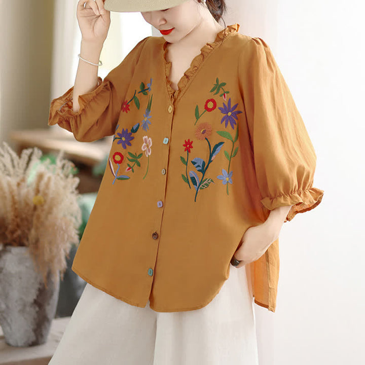 Buddha Stones Sommerliches, lässiges Vintage-Shirt mit bunter Blumenstickerei, Rüschen am V-Ausschnitt und Dreiviertelärmeln für Damen - image 3