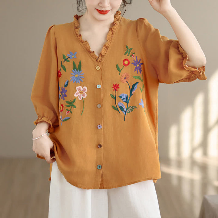 Buddha Stones Sommerliches, lässiges Vintage-Shirt mit bunter Blumenstickerei, Rüschen am V-Ausschnitt und Dreiviertelärmeln für Damen - Dunkelgoldenrod - US8-10, UK/AU12-14, EU40-42 (2XL) - image 0