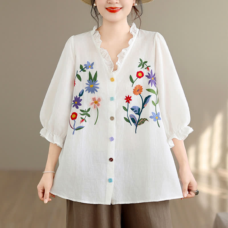 Buddha Stones Sommerliches, lässiges Vintage-Shirt mit bunter Blumenstickerei, Rüschen am V-Ausschnitt und Dreiviertelärmeln für Damen - Weiß - US8-10, UK/AU12-14, EU40-42 (2XL) - image 10