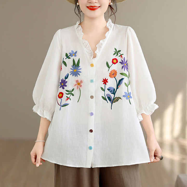 Buddha Stones Sommerliches, lässiges Vintage-Shirt mit bunter Blumenstickerei, Rüschen am V-Ausschnitt und Dreiviertelärmeln für Damen - Weiß - US8-10, UK/AU12-14, EU40-42 (2XL) - image 10